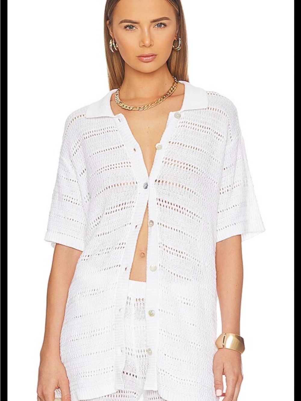 l*space White Open-Knit Short Sleeve Button-Front Shirt